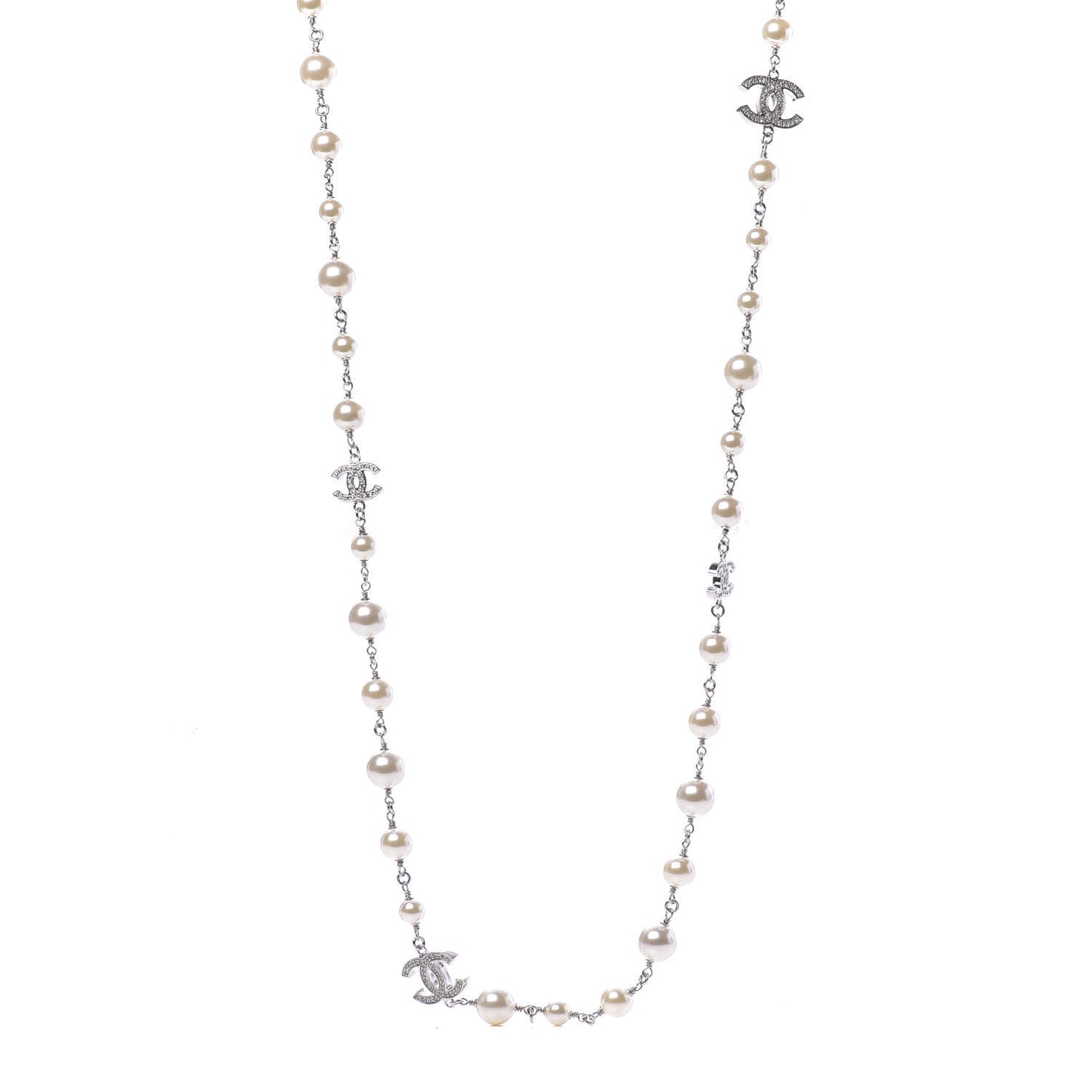 Graduated Pearl Crystal CC Long Necklace Silver