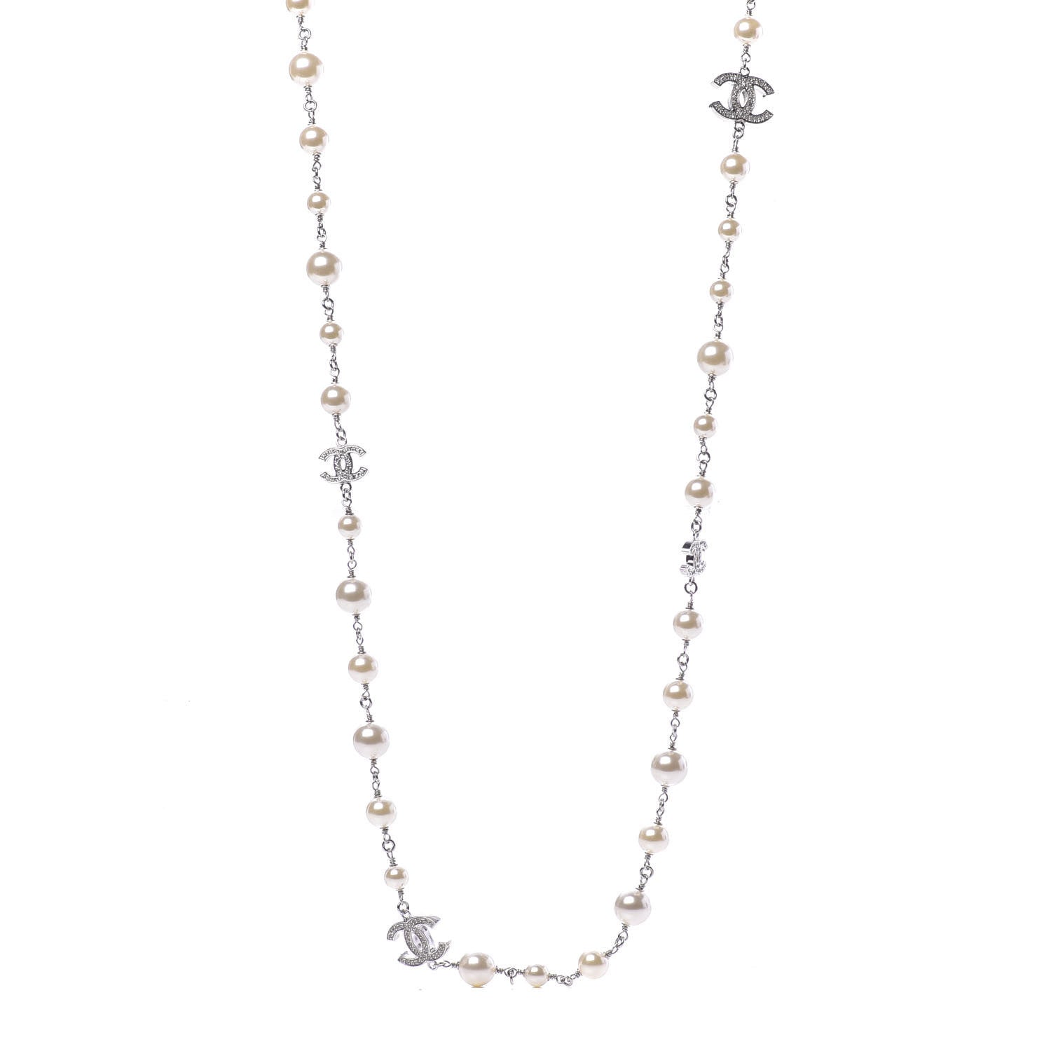 Chanel Graduated Pearl Crystal CC Long Necklace Silver 1 of 6