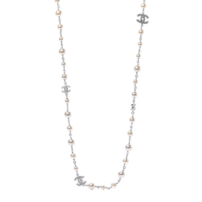 Chanel Graduated Pearl Crystal CC Long Necklace Silver 1 of 6
