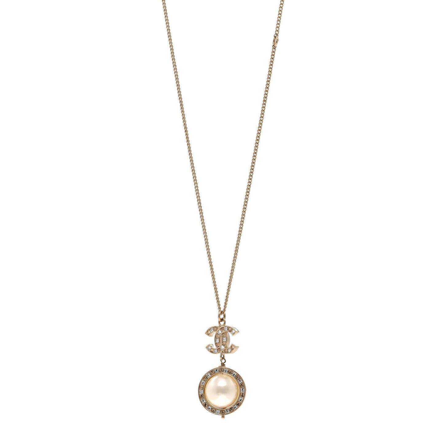Pearl Crystal CC Pendant Necklace Gold