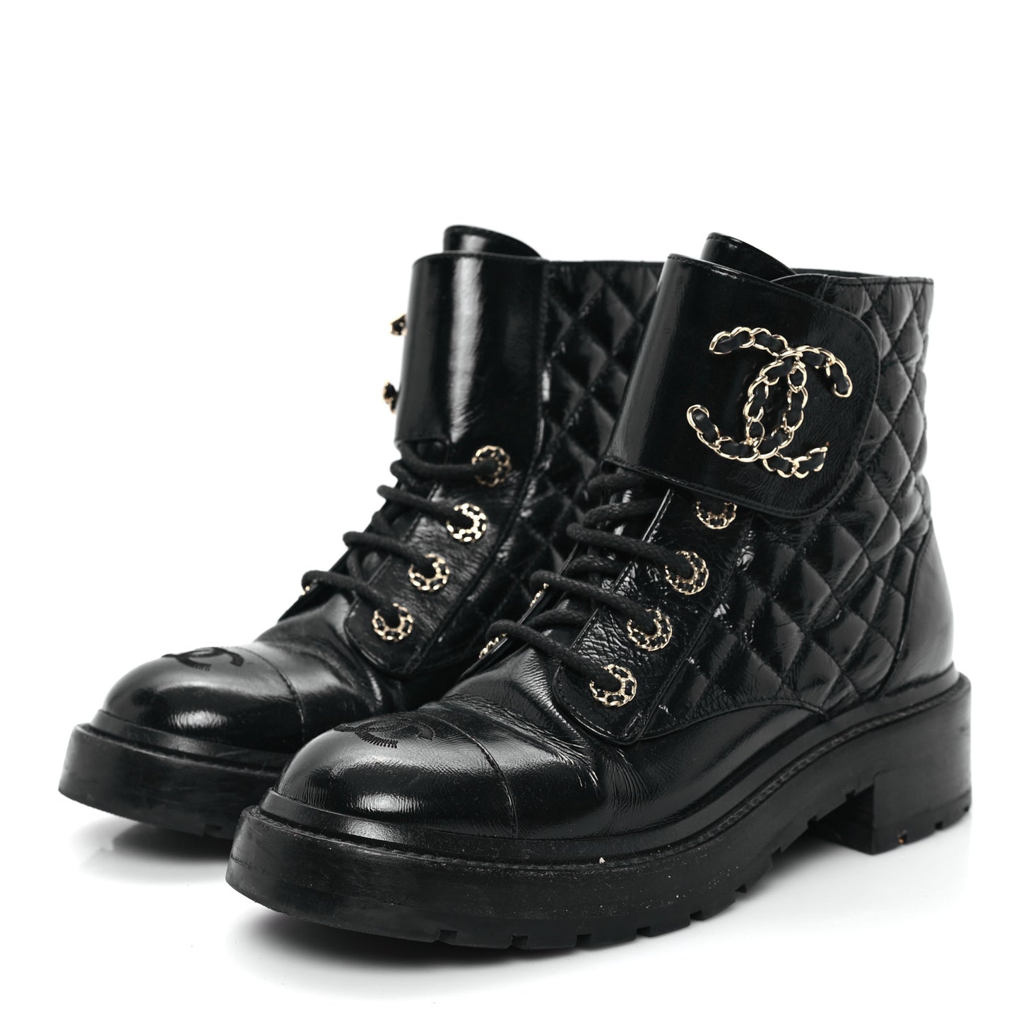 Shiny Goatskin Calfskin Quilted Lace Up Combat Boots 37 Black