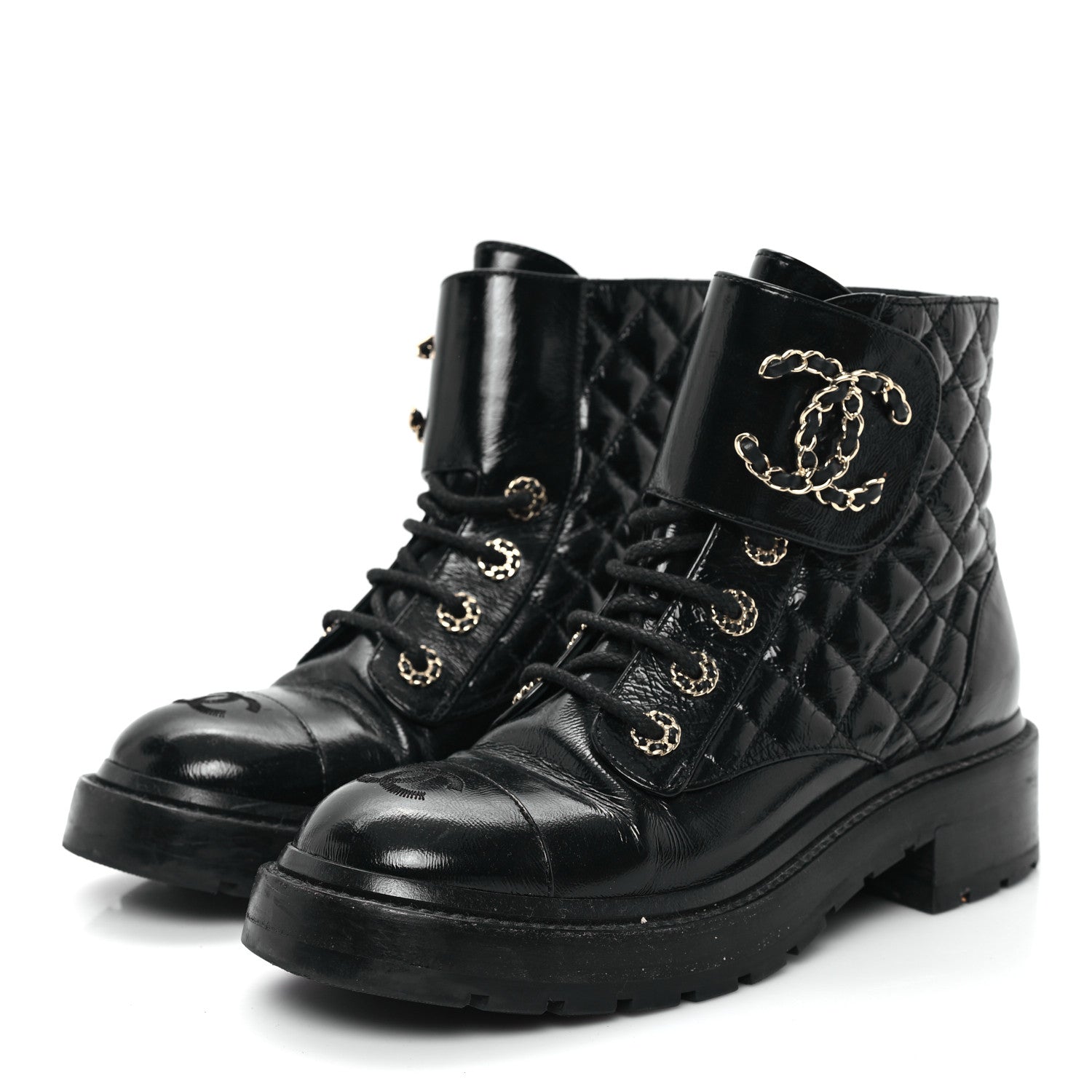 Chanel Shiny Goatskin Calfskin Quilted Lace Up Combat Boots 37 Black 4 of 10