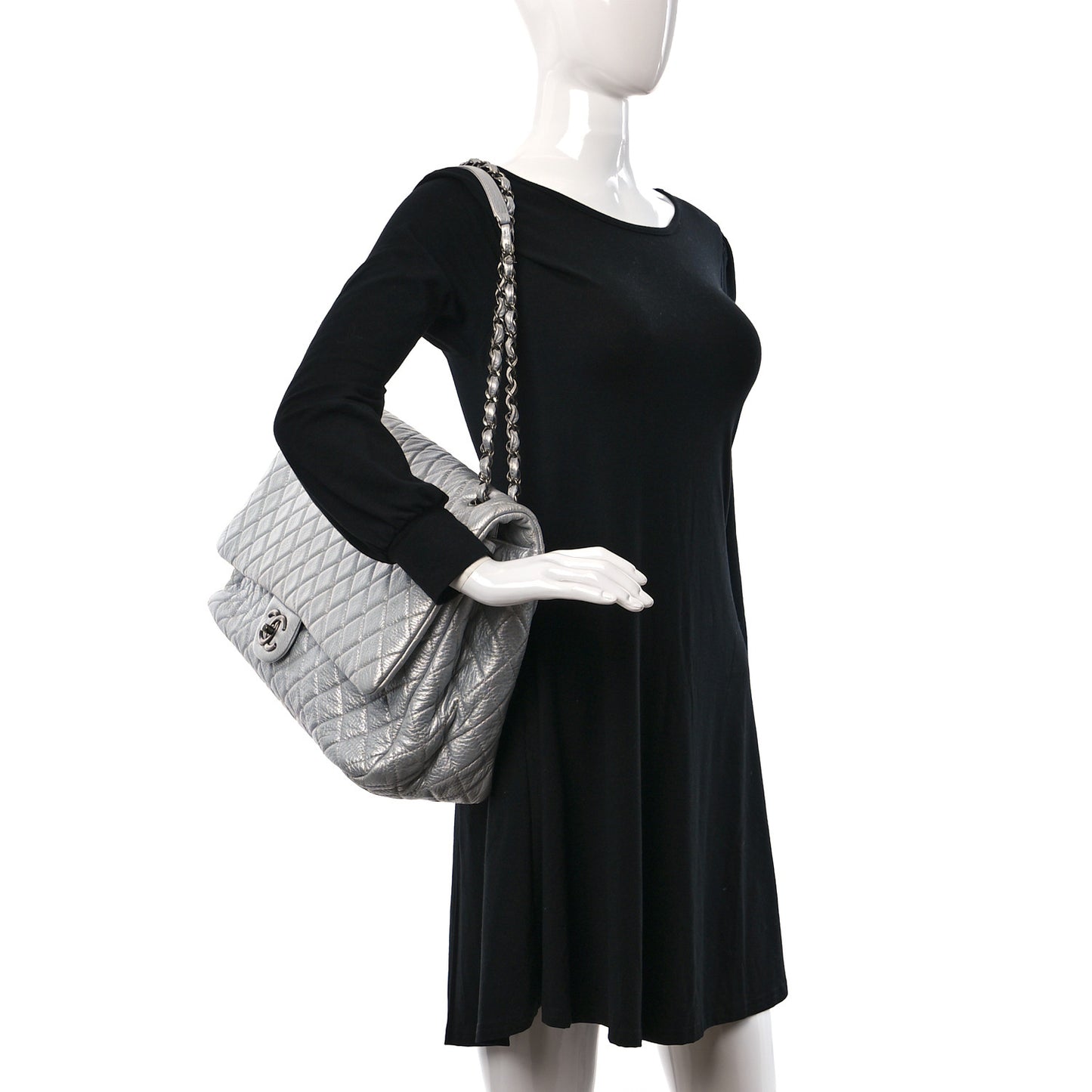 Metallic Calfskin Quilted Small XXL Travel Flap Bag Silver