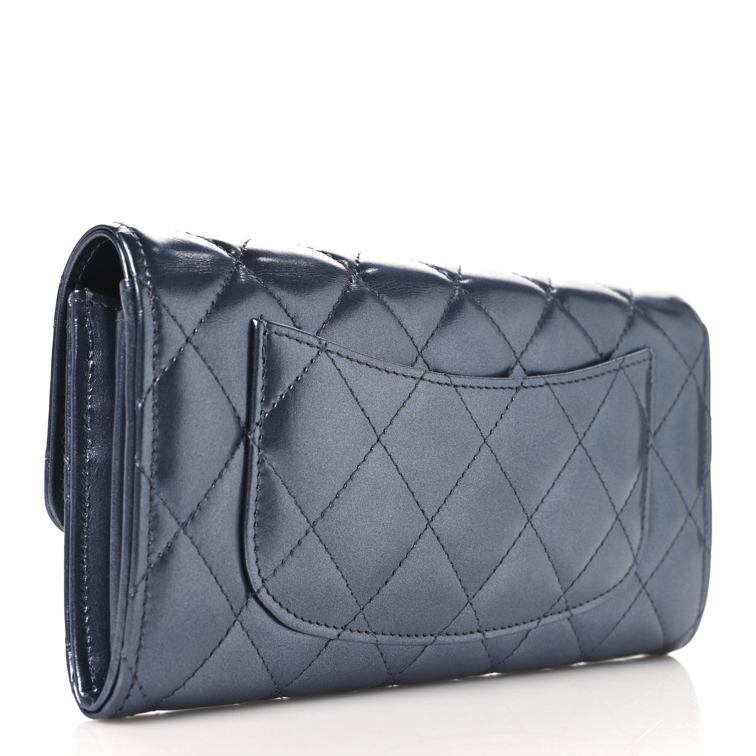 Chanel Metallic Lambskin Quilted Large Gusset Flap Wallet Dark Blue 3 of 9