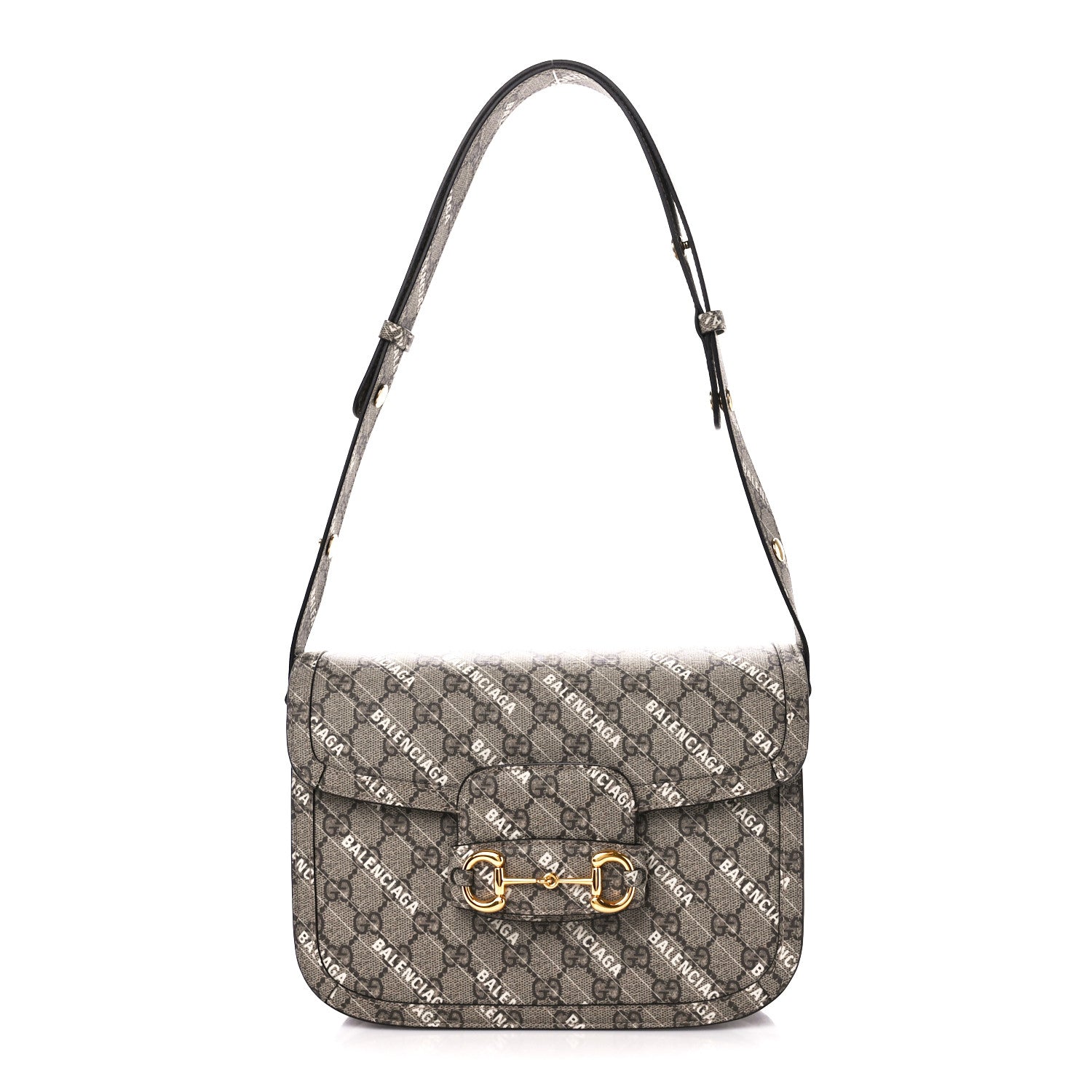 Gucci X BALENCIAGA GG Supreme Monogram Logo Print Horsebit 1955 Shoulder Bag Beige Ebony 1 of 11