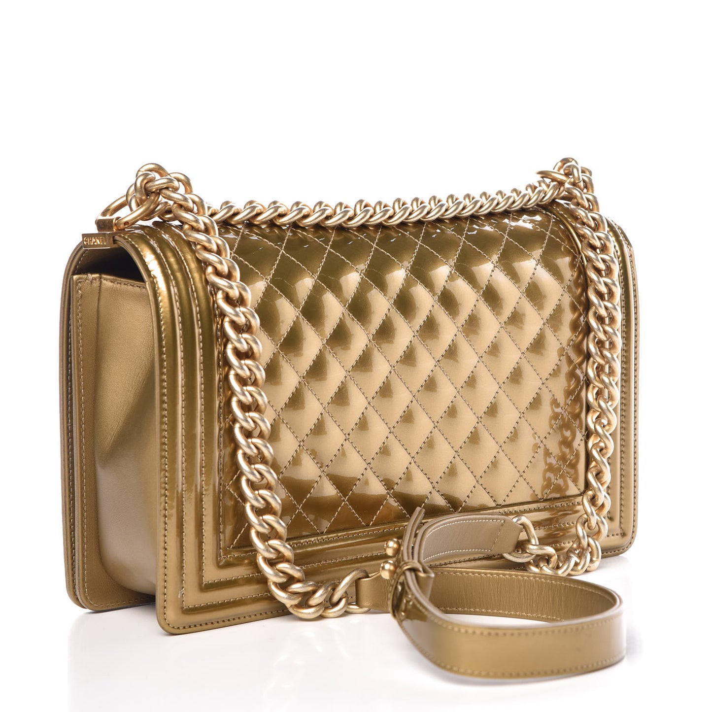 Metallic Patent Calfskin Quilted New Medium Boy Flap Gold