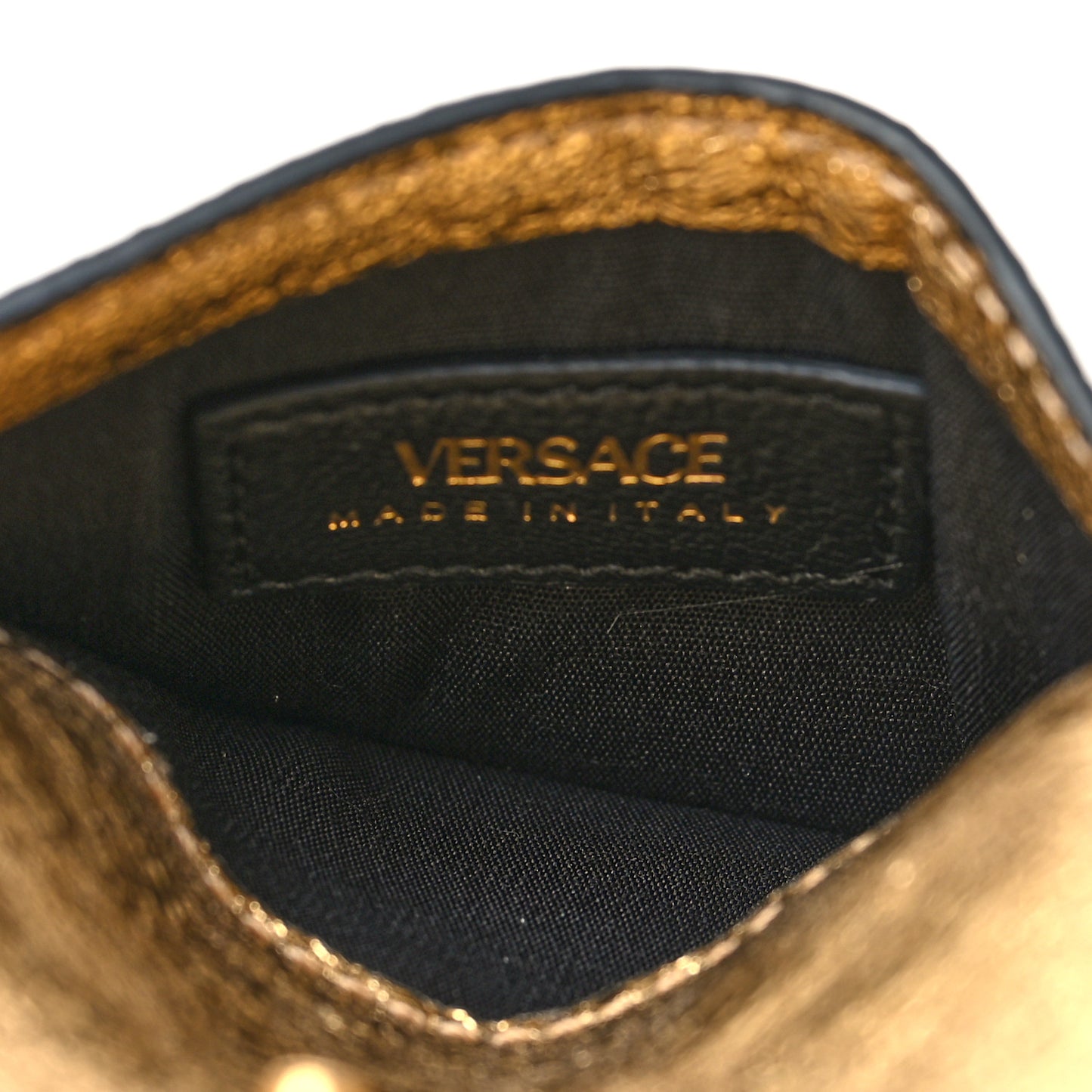 Metallic Calfskin Medusa Chain Card Holder Gold