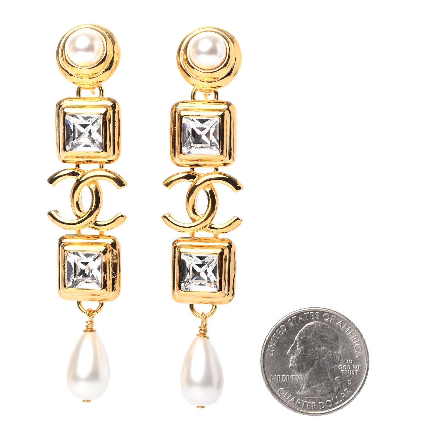 Chanel Large Crystal Pearl CC Drop Earrings Gold 2 of 4