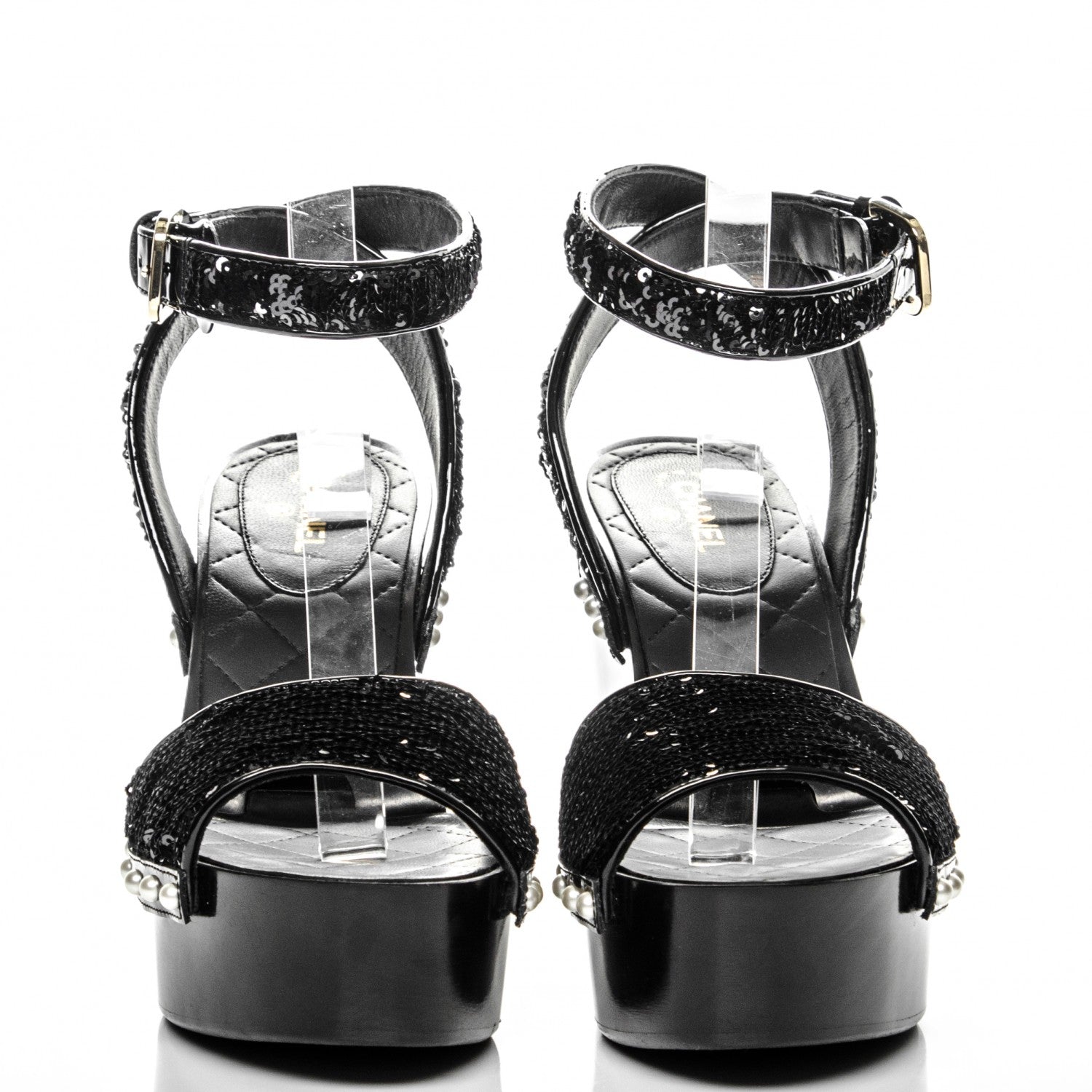 Chanel Sequin Wedge Sandals 38.5 Black 2 of 7