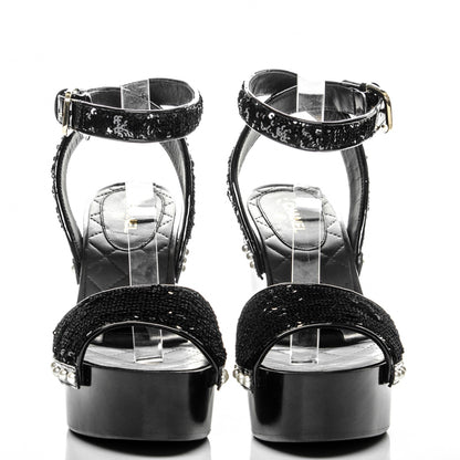 Chanel Sequin Wedge Sandals 38.5 Black 2 of 7
