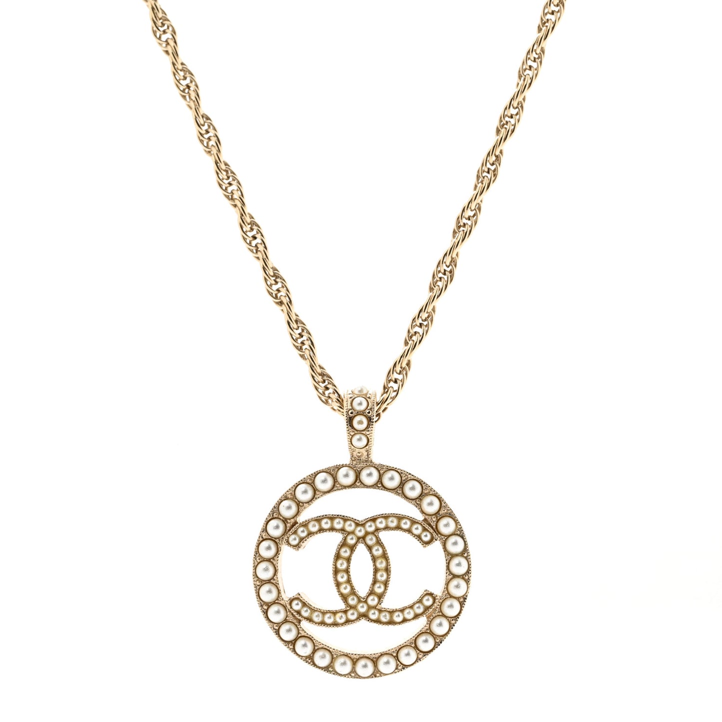 Pearl CC Round Pendant Necklace Gold