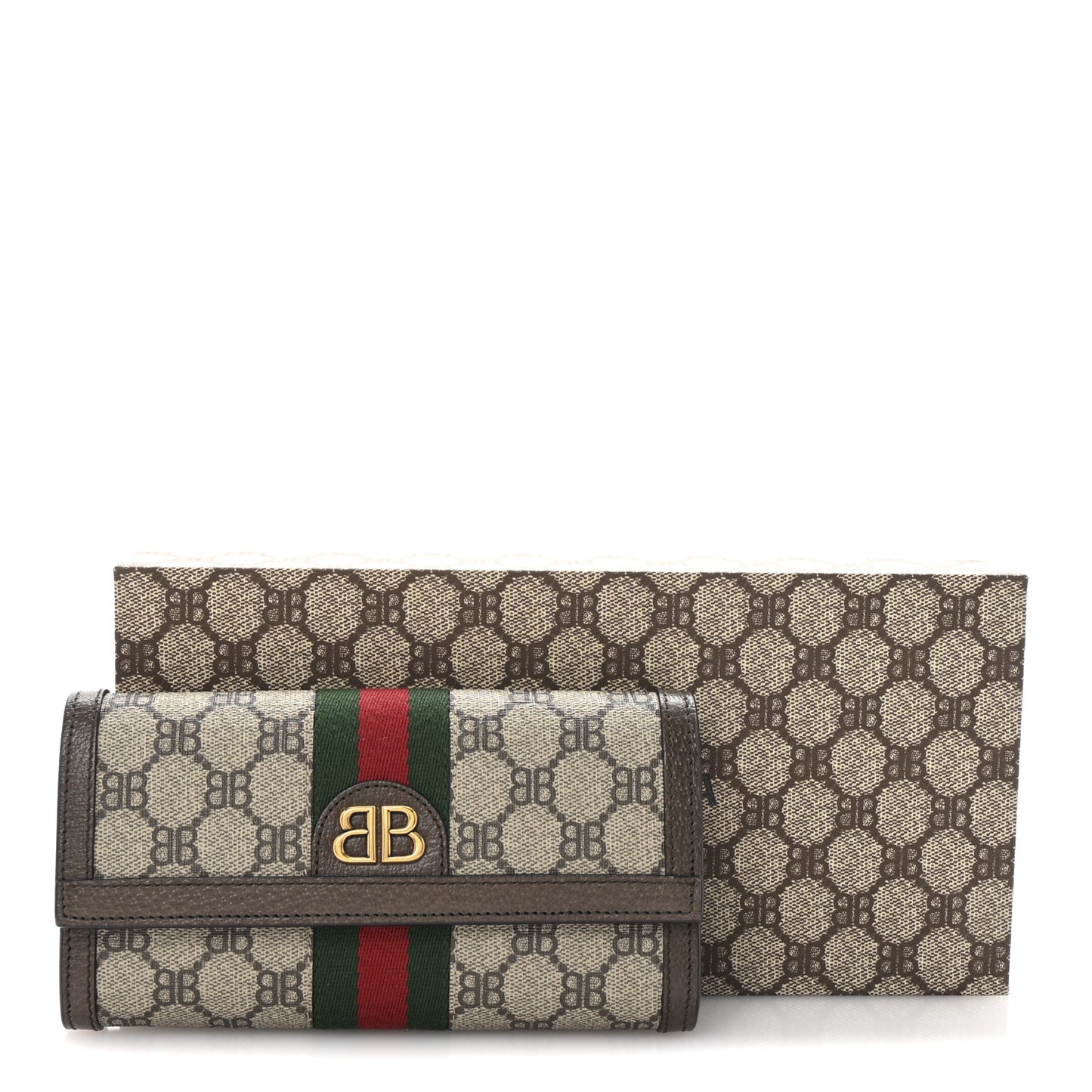X BALENCIAGA BB Supreme Monogram Textured Dollar Calfskin Web Ophidia Continental Wallet Beige Ebony New Acero