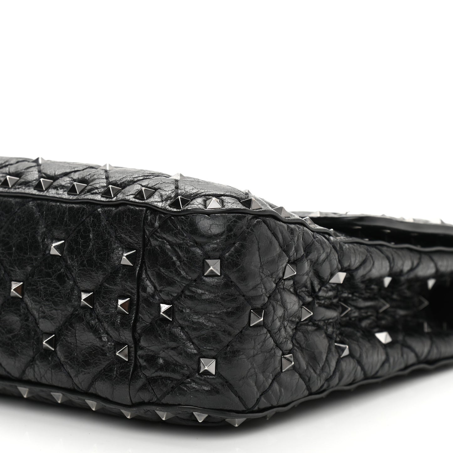 Craquele Nappa Medium Rockstud Spike Shoulder Bag Black