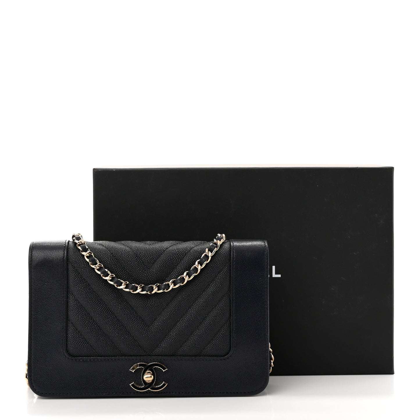 Caviar Chevron Quilted Vintage Mademoiselle Wallet On Chain WOC Navy Blue