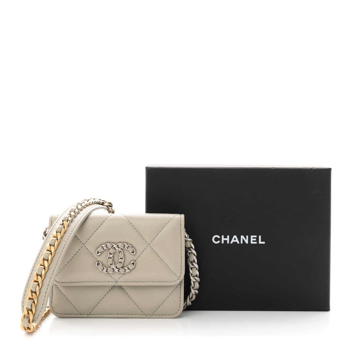 Lambskin Quilted Chanel 19 Flap Coin Purse With Chain Grey