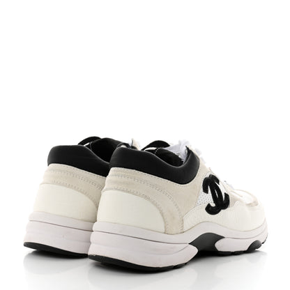Chanel Mesh Suede Calfskin Grained Calfskin Womens CC Sneakers 37.5 White Black 4 of 8