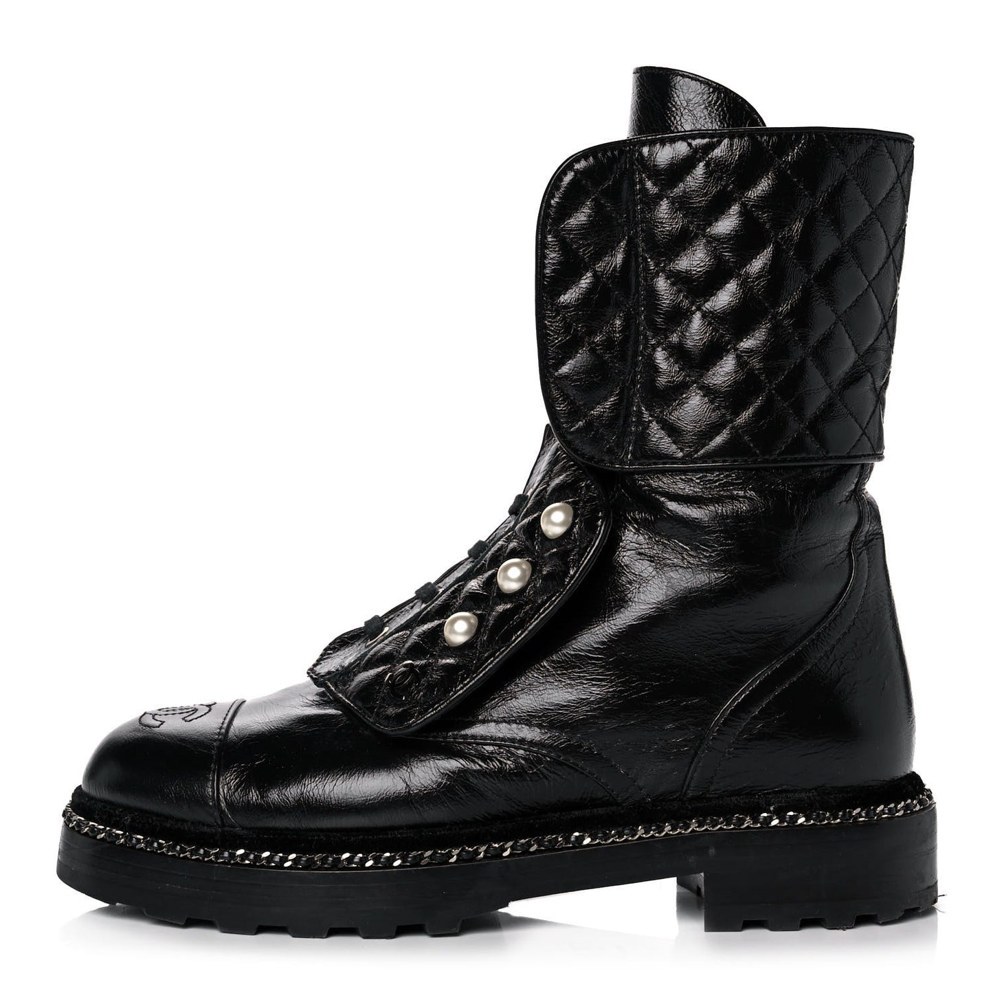 Crackled Calfskin Velvet Pearl Combat Ankle Boots 38 Black