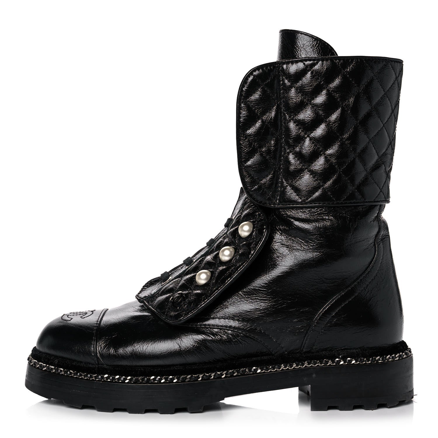 Chanel Crackled Calfskin Velvet Pearl Combat Ankle Boots 38 Black 1 of 9