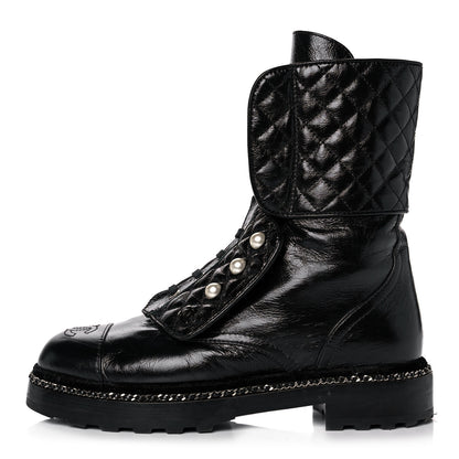 Chanel Crackled Calfskin Velvet Pearl Combat Ankle Boots 38 Black 1 of 9