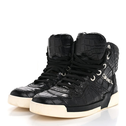 Chanel Calfskin Crocodile Embossed Cocodile High Top Sneakers 36.5 Black 4 of 11