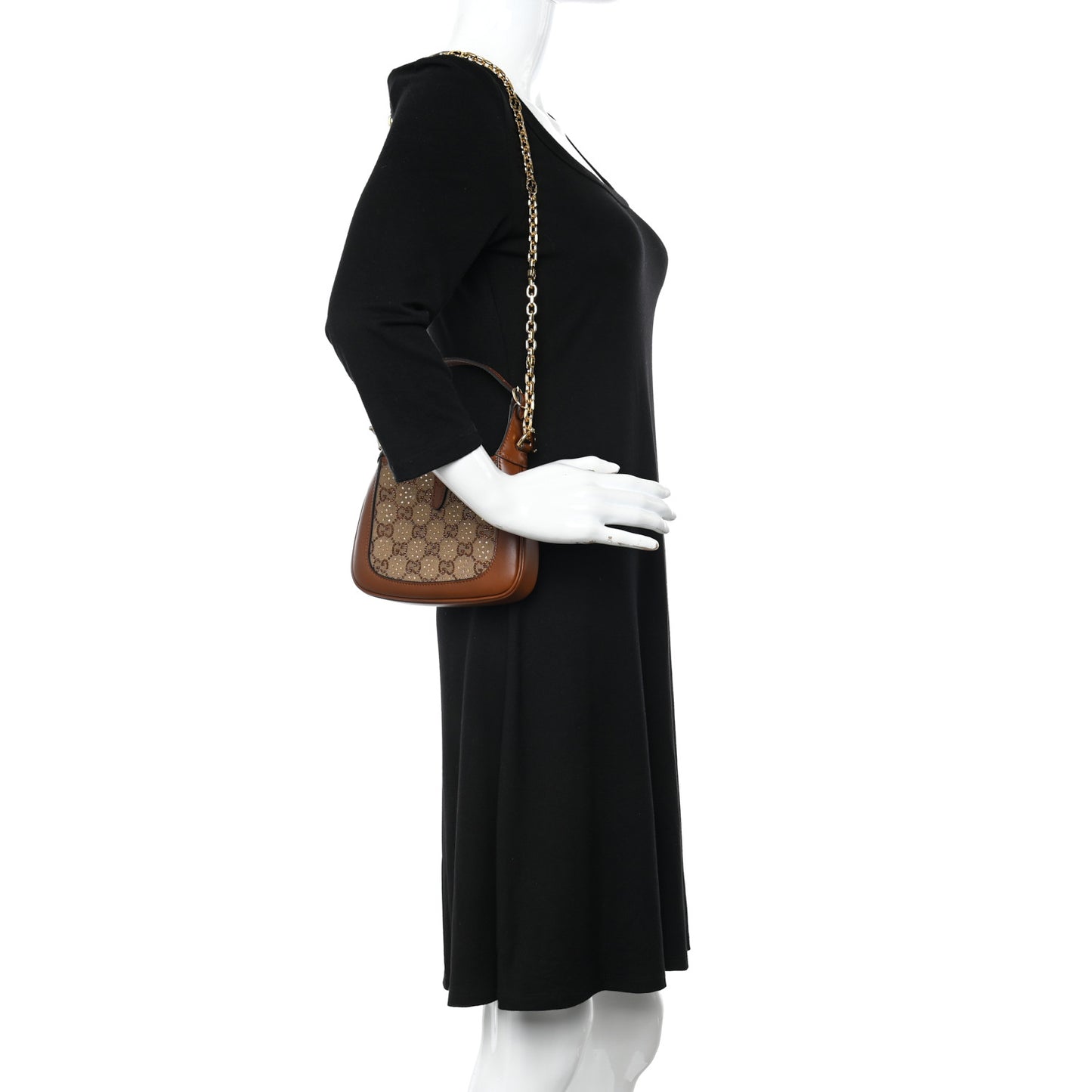 New Canvas Charisma Calfskin Crystal GG Monogram Mini Jackie 1961 Hobo Camel Ebony