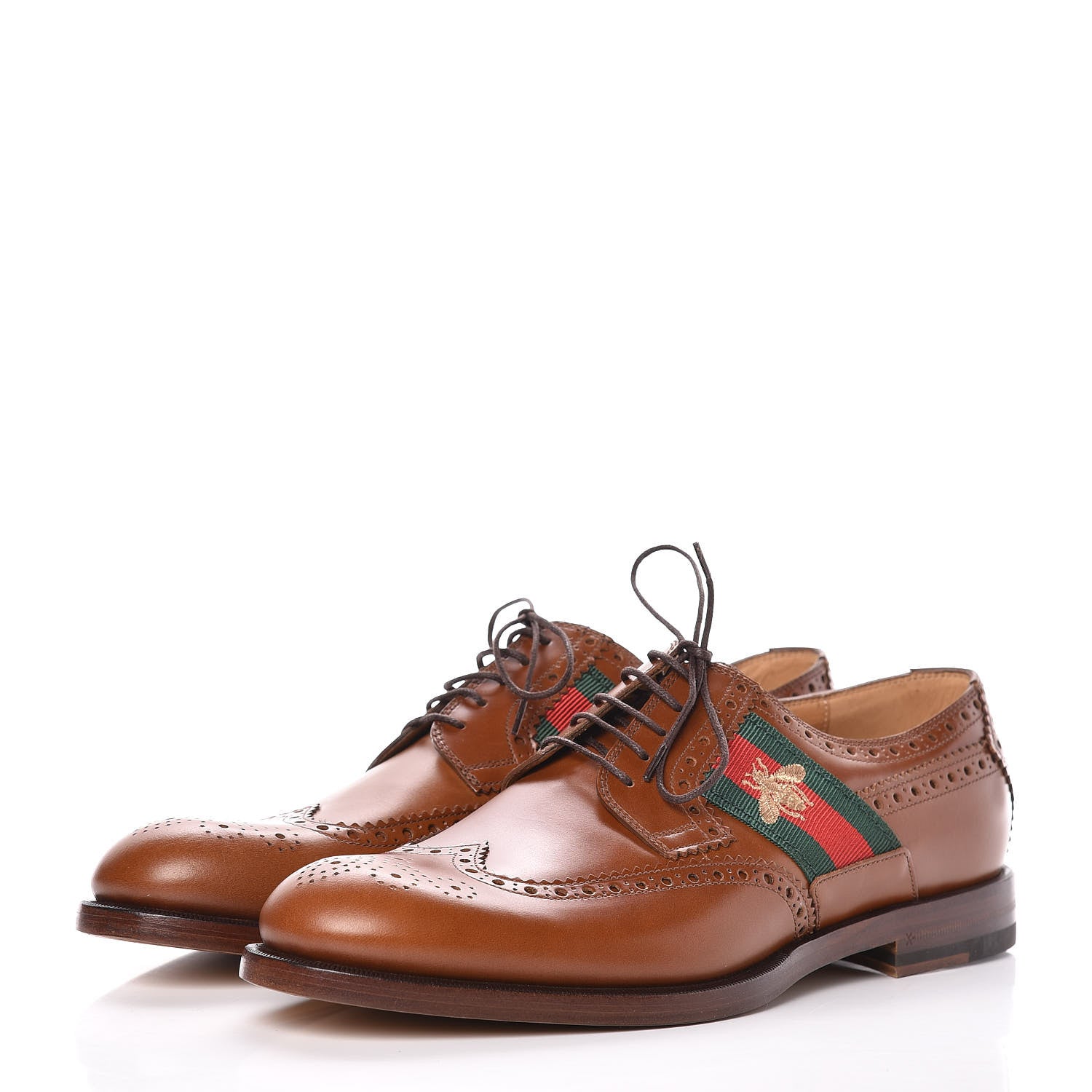 Gucci Calfskin Web Bee Embroidered Mens Lace Up Brogue Wingtip Derby Shoes 8.5 Cuir 3 of 10