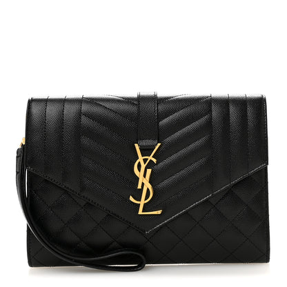 Saint Laurent Grain De Poudre Textured Mixed Matelasse Triquilt Monogram Clutch Black 1 of 8