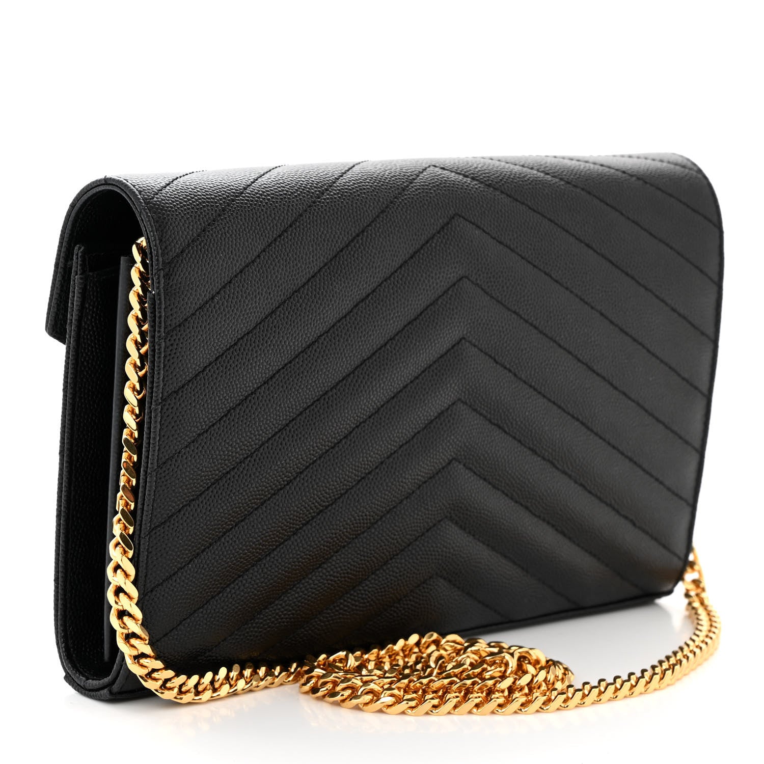 Saint Laurent Grain De Poudre Matelasse Chevron Monogram Chain Wallet Black 3 of 14