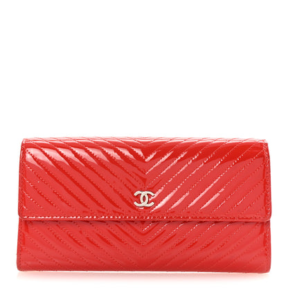 Chanel Patent Chevron Quilted Large Gusset Flap Wallet Red 1 of 8