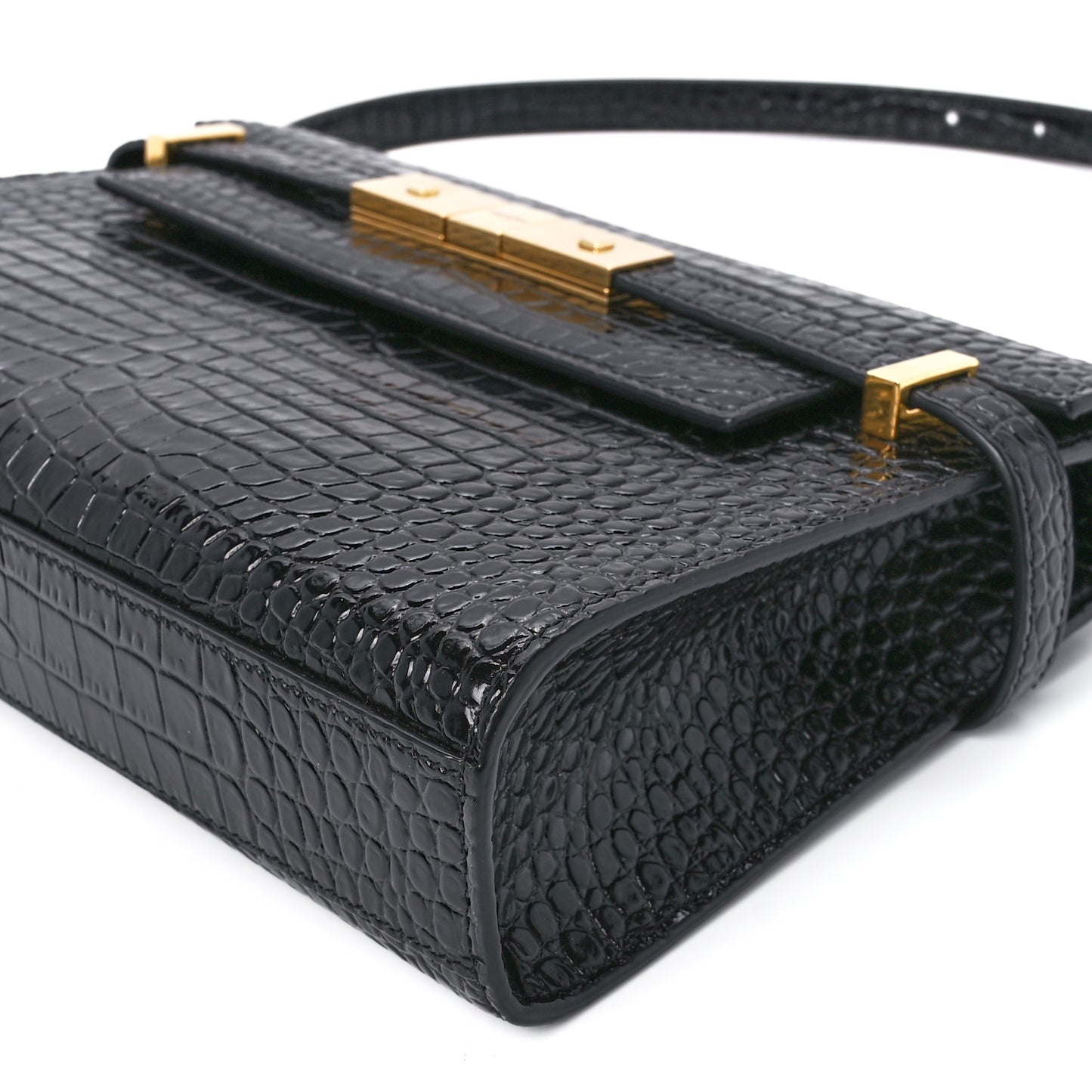 Shiny Calfskin Crocodile Embossed Small Manhattan Baguette Black