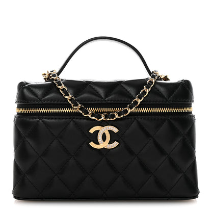 Chanel Lambskin Quilted Crystal Ridged CC Top Handle Slim Vanity Case With Chain Black 1 of 11