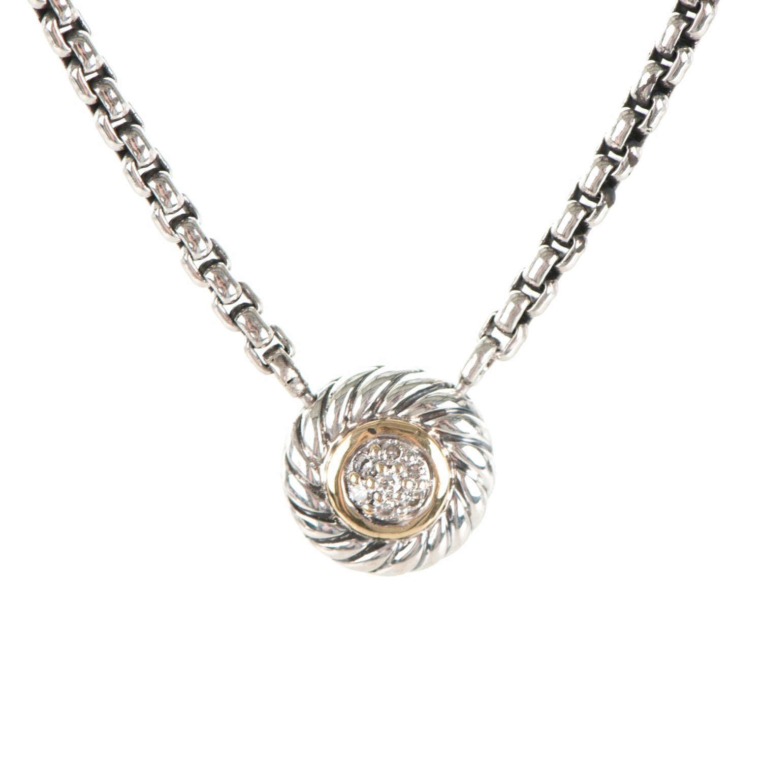 David Yurman Sterling Silver 18K Yellow Gold Diamond 12mm Pave Cookie Necklace 3 of 5