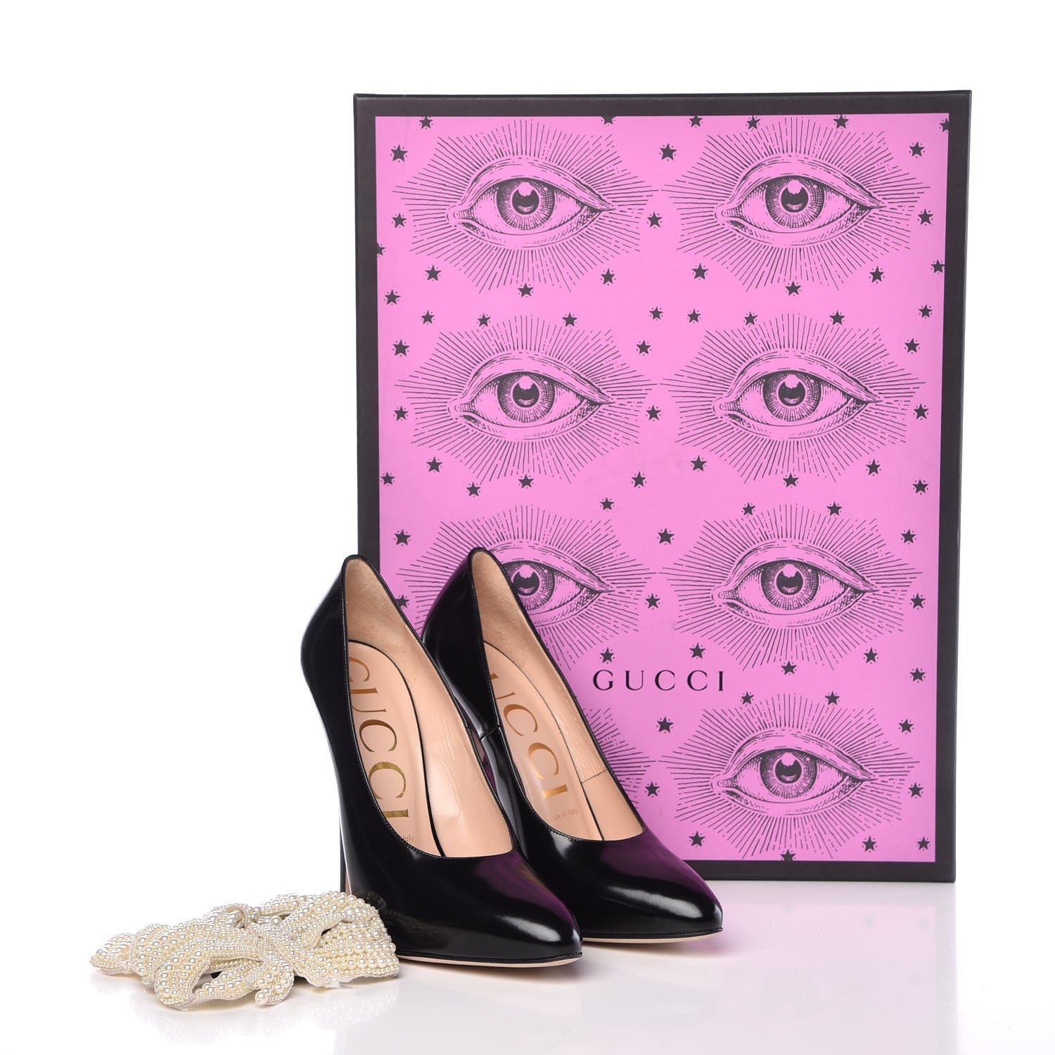 Gucci Polished Calfskin Removable Pearly Bow Elaisa Platform High Heel Pumps 38 Black 12 of 12