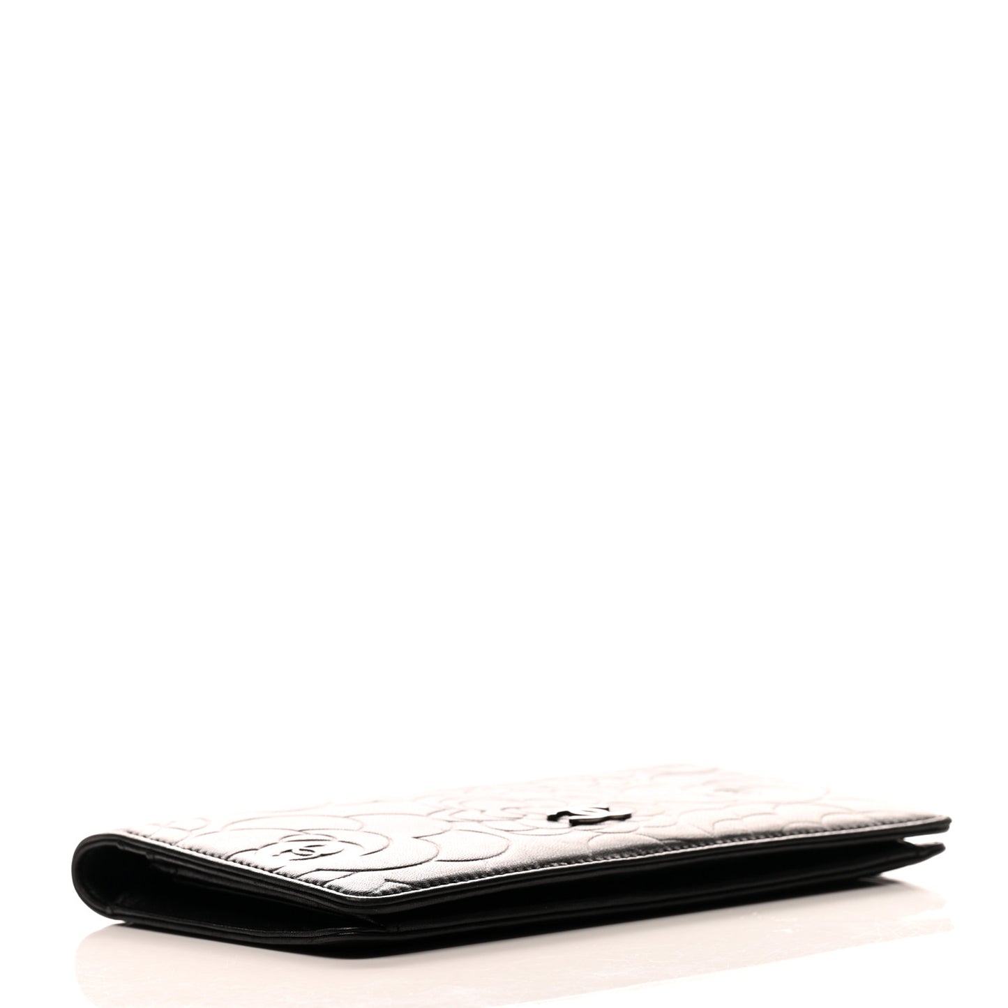 Lambskin Camellia Embossed Yen Wallet Black