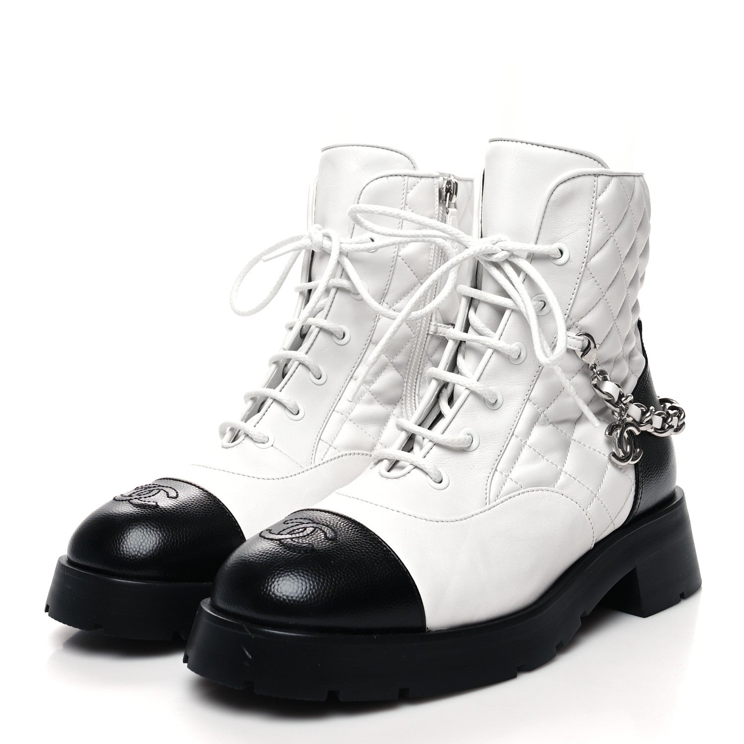 Chanel Caviar Calfskin Quilted Chain Lace Up Combat Boots 40 White Black 3 of 8
