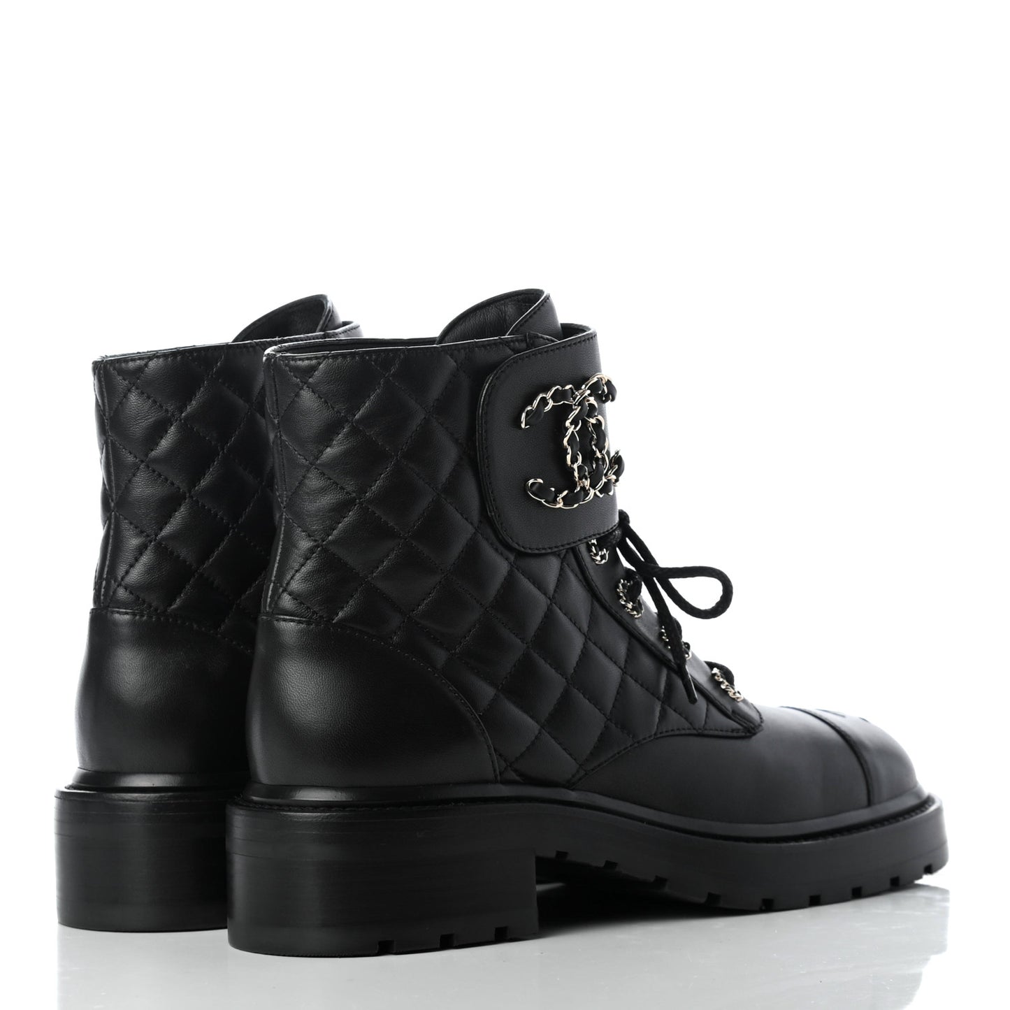 Shiny Lambskin Quilted Lace Up Combat Boots 38.5 Black