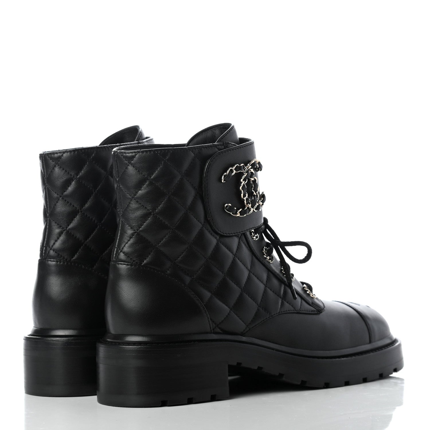 Chanel Shiny Lambskin Quilted Lace Up Combat Boots 38.5 Black 8 of 22