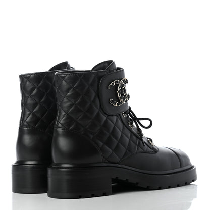 Chanel Shiny Lambskin Quilted Lace Up Combat Boots 38.5 Black 8 of 22