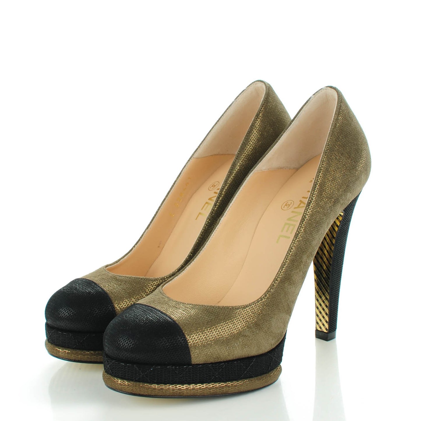 Metallic Fabric CC Cap Toe Pumps 38.5 Khaki Black