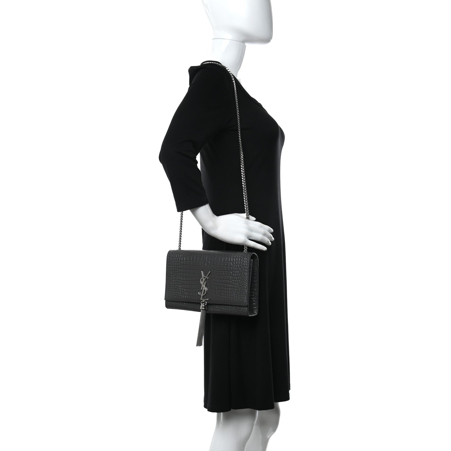 Saint Laurent Calfskin Crocodile Embossed Medium Classic Monogram Kate Tassel Satchel Storm 2 of 11