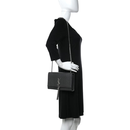 Saint Laurent Calfskin Crocodile Embossed Medium Classic Monogram Kate Tassel Satchel Storm 2 of 11