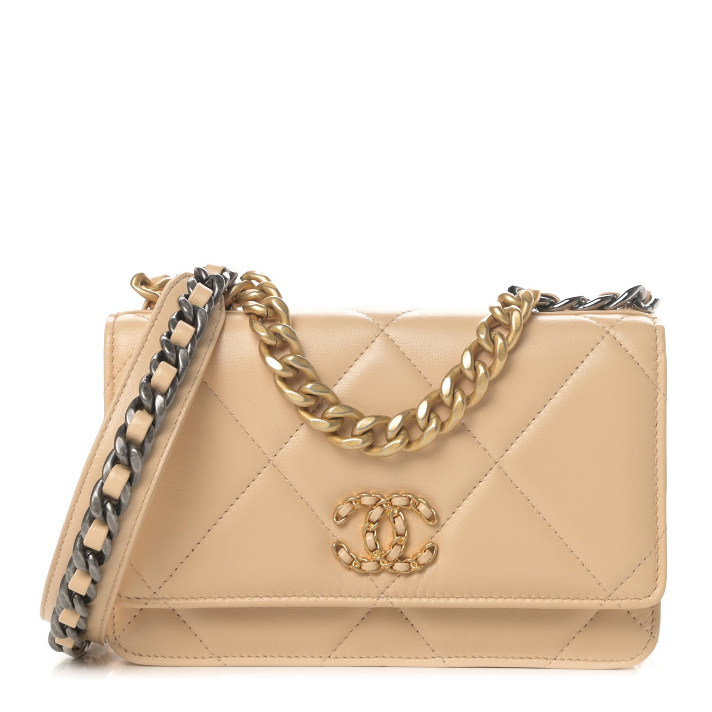 Lambskin Quilted Chanel 19 Wallet On Chain WOC Beige