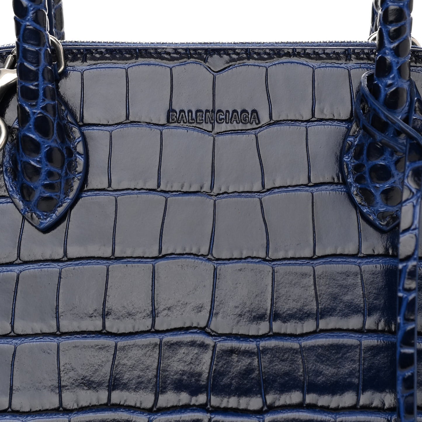 Shiny Calfskin Logo Crocodile Embossed S Ville Top Handle Bag Navy White