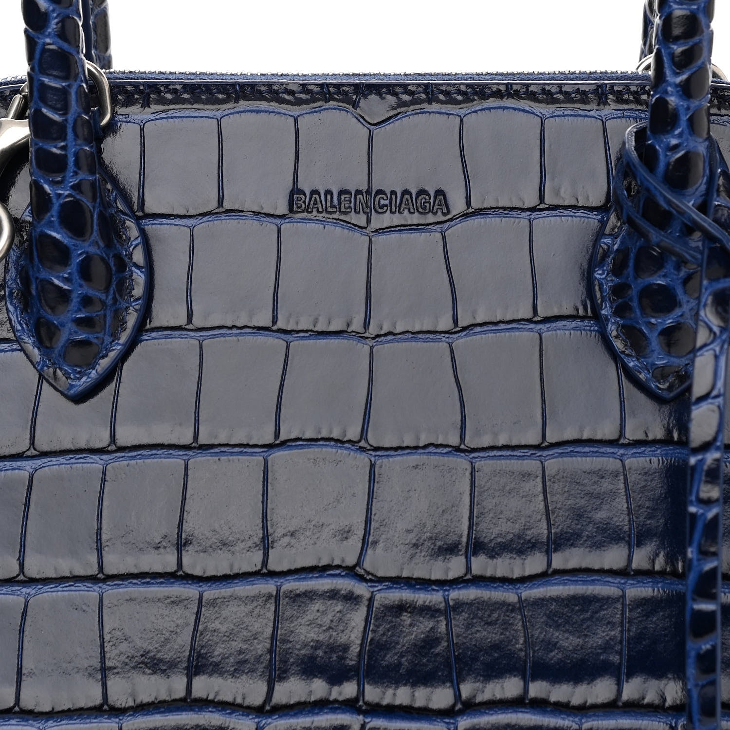 Balenciaga Shiny Calfskin Logo Crocodile Embossed S Ville Top Handle Bag Navy White 8 of 13