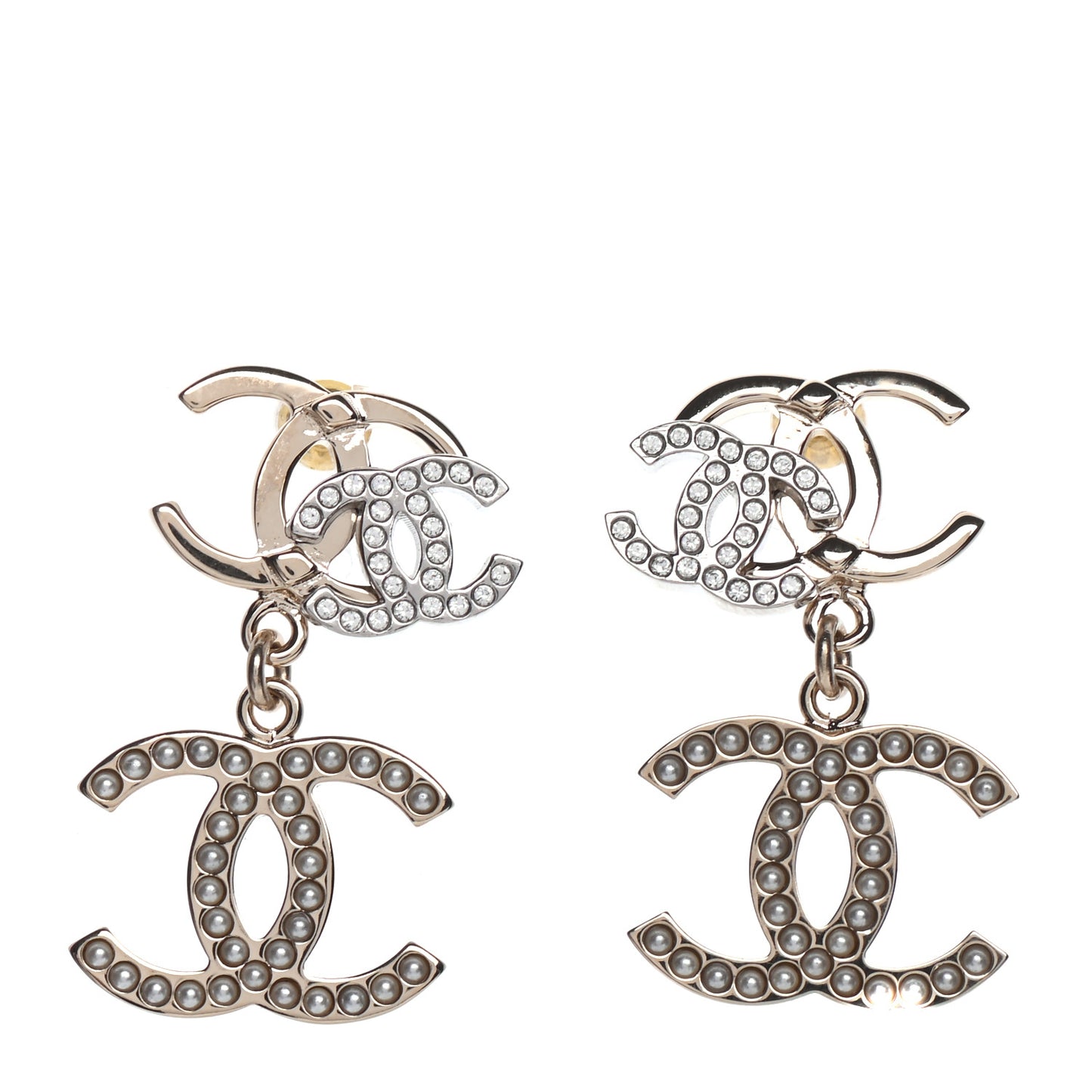 Crystal Pearl Double CC Drop Earrings Gold Silver