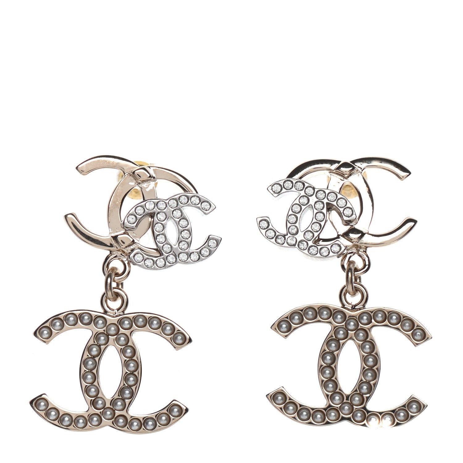 Chanel Crystal Pearl Double CC Drop Earrings Gold Silver 1 of 4