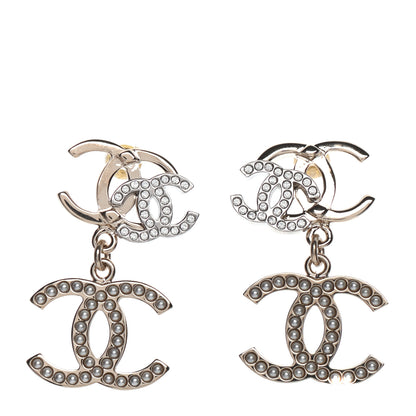 Chanel Crystal Pearl Double CC Drop Earrings Gold Silver 1 of 4
