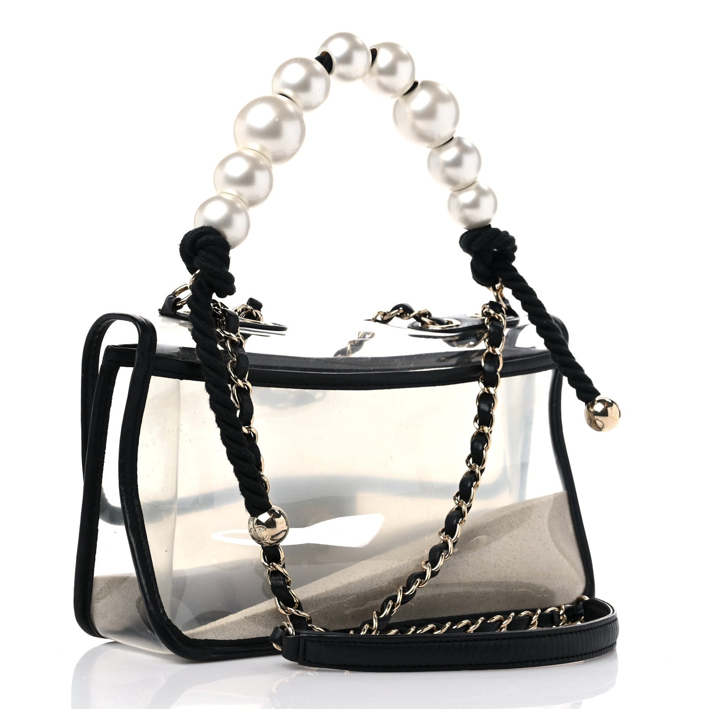 Lambskin PVC Sand By The Sea Flap With Pearl Strap Black
