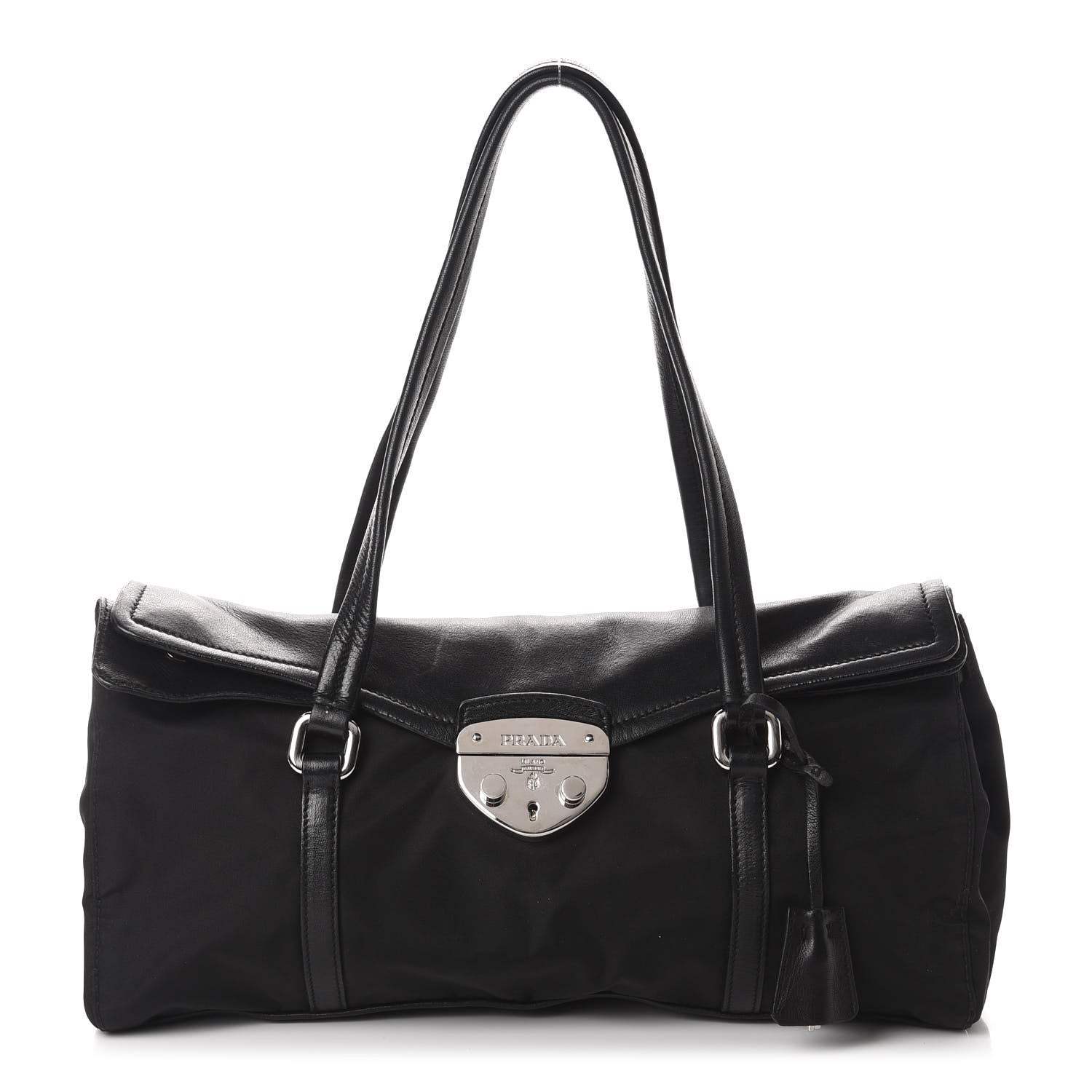 Prada Tessuto Nylon Vitello Foldover Pushlock Satchel Black 1 of 11