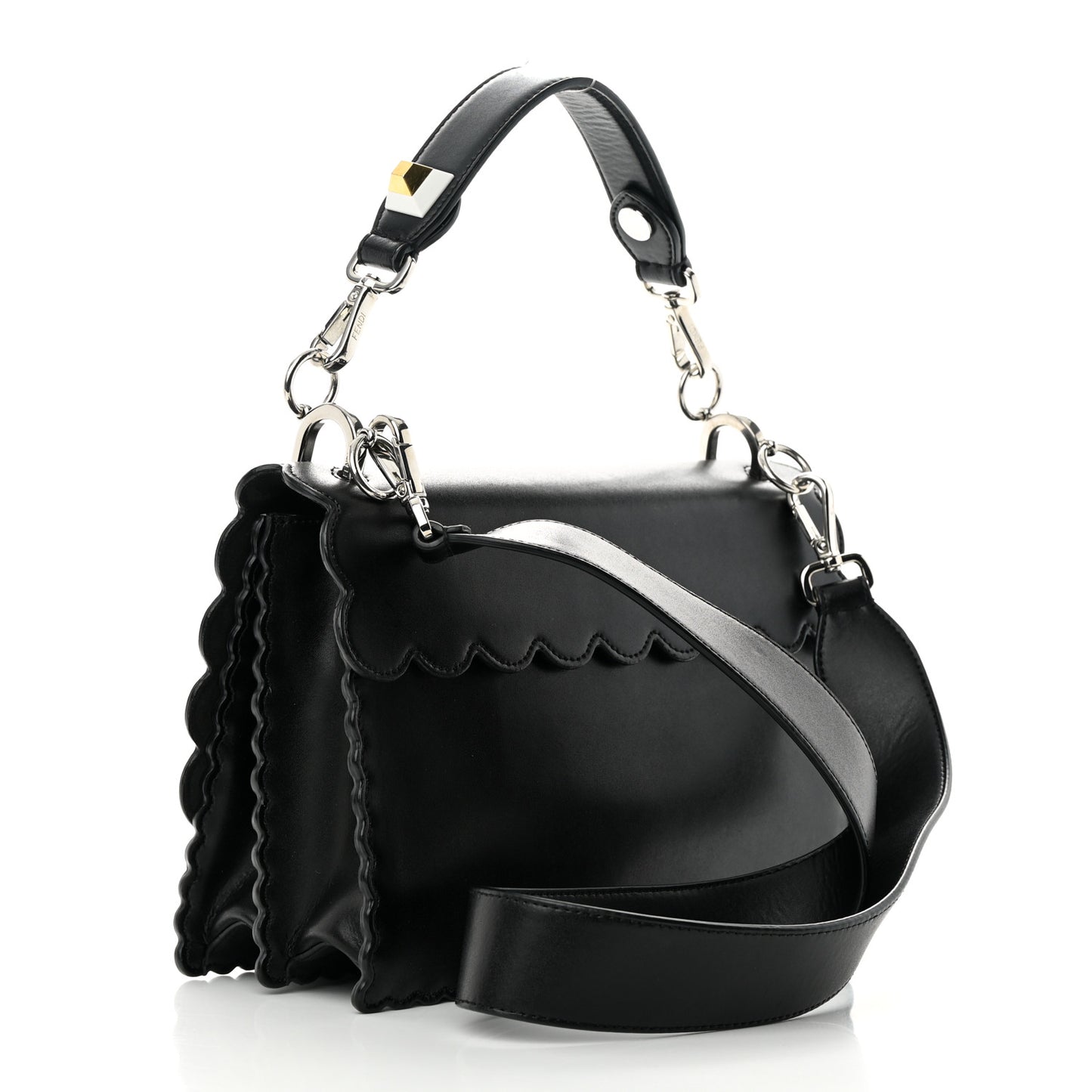 Vitello Liberty Pearl Bi-Color Flowers and Bows Scalloped Studded Kan I Shoulder Bag Black Camelia